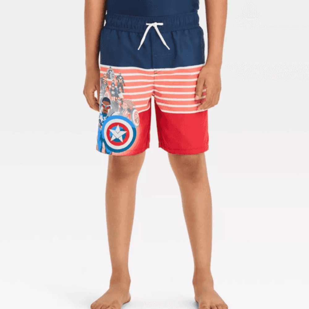 NWT Marvel Captain America Symbol Of Truth Boy's Size Small Swim Trunks Shorts